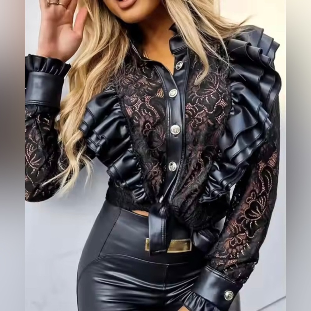 NEW WOMEN’S BLACK RUFFLES FAUX LEATHER BLOUSE
